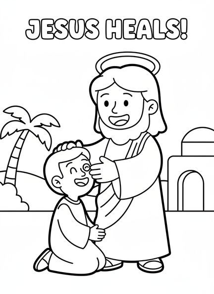 Jesús sanando al ciego, página para colorear de la sanación del ciego para niños en edad preescolar de 3 a 5 años.