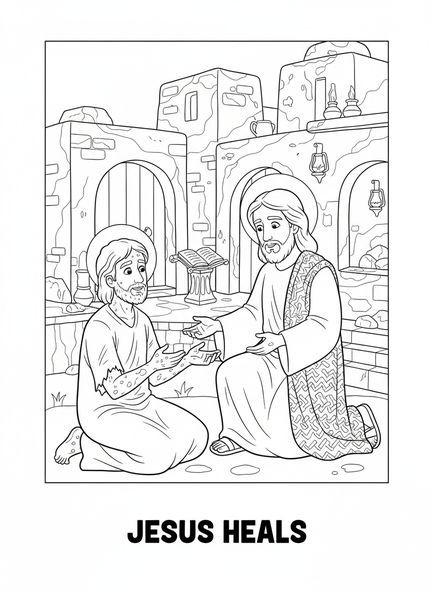 Jesús de rodillas, página para colorear sobre la sanación del leproso para niños de Escuela Dominical de 5 a 12 años