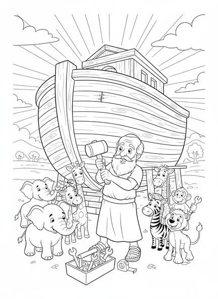 Noé en train de clouer des planches, page à colorier des déclarations 'Je suis' pour les enfants de 5 à 10 ans.