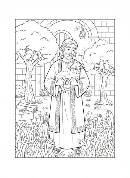 Jésus tenant un mouton, page à colorier des déclarations 'Je Suis' pour les enfants de l'École du dimanche âgés de 5 à 12 ans