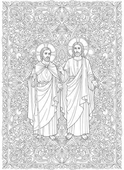 Jakobus und Jesus, Ausmalbild von Jakobus dem Größeren im Stil des Bibel-Journalings für Erwachsene