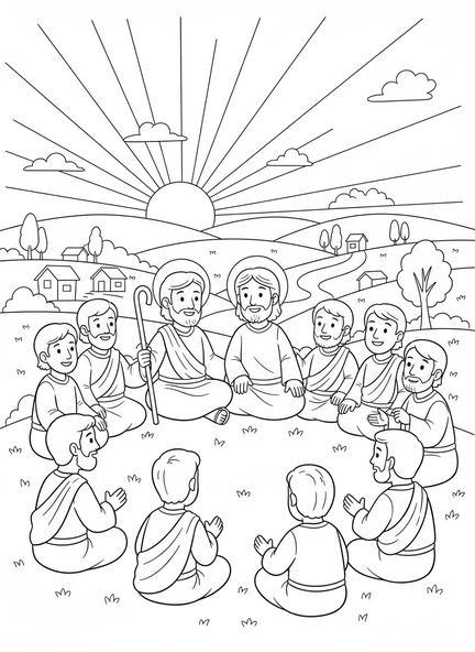 Jakobus hört Jesus zu, Ausmalbild von Jakobus dem Größeren für Kinder im Alter von 5-10 Jahren