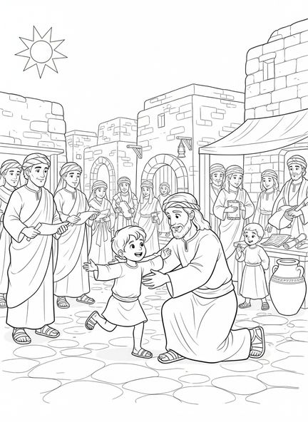 Jakobus begrüßt Jesus, Ausmalbild von Jakobus dem Kleinen für die Sonntagsschule für Kinder im Alter von 5-12 Jahren.