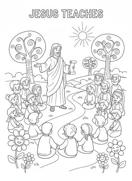 Jésus enseignant une foule, page à colorier Jésus et les Disciples pour les enfants de 5 à 10 ans.