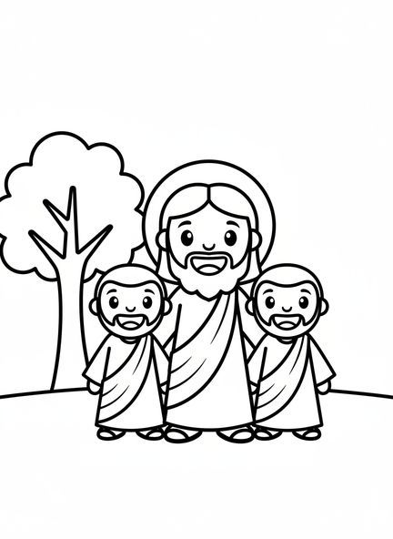 Jésus souriant, page à colorier Jésus et les disciples pour les enfants d'âge préscolaire de 3 à 5 ans.