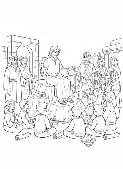 Jesús enseñando a los niños, página para colorear de Jesús y los Discípulos para niños de la Escuela Dominical de 5 a 12 años.