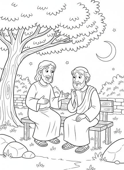 Deux personnages de dessin animé, Jésus et Nicodème page à colorier pour enfants de 5 à 10 ans