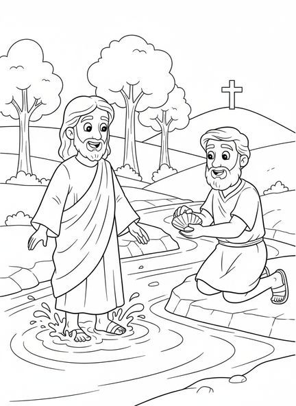 Jesús en el río, página para colorear del Bautismo de Jesús con la Paloma Descendiendo para niños de 5 a 10 años.