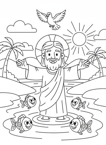 Jesus steht im Fluss, Jesu Taufe Johannes tauft Jesus Fluss Malvorlage für Kinder im Alter von 5-10 Jahren