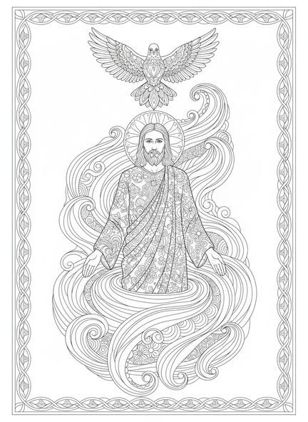 Jesus no rio, página de colorir do Batismo de Jesus para adultos no estilo de journaling bíblico