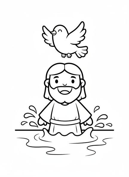 Jesus sorridente, página de colorir sobre o Batismo de Jesus para crianças de 3 a 5 anos.