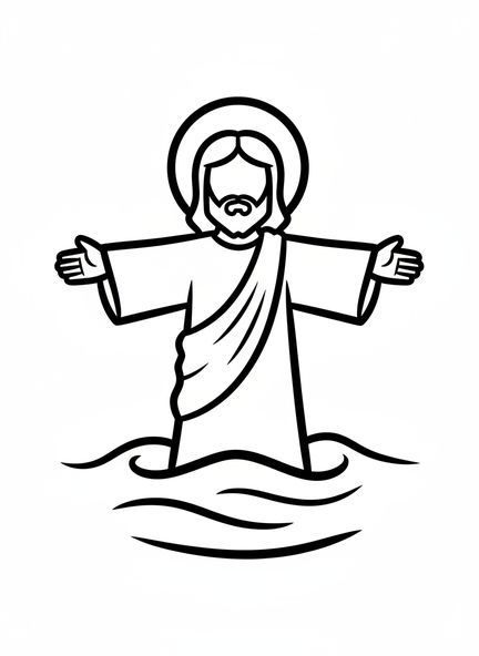 Jezus stojący w wodzie, kolorowanka o Chrzcie Jezusa dla maluchów w wieku 2-3 lat