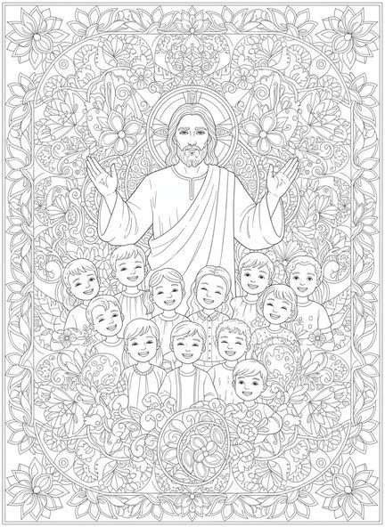 Jésus bénissant des enfants, page à colorier Jésus bénit les enfants pour le style de journal biblique pour adultes