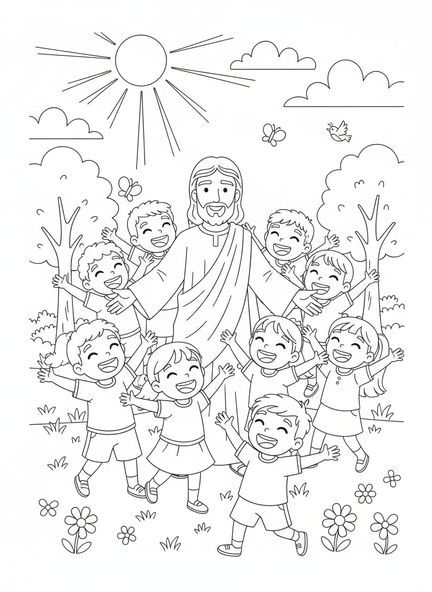 Jésus entouré d'enfants souriants, page à colorier Jésus bénit les enfants pour les enfants de 5 à 10 ans