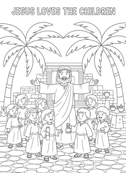 Jesus versammelt Kinder, Ausmalbild Jesus segnet die Kinder für die Sonntagsschule für Kinder im Alter von 5-12 Jahren.