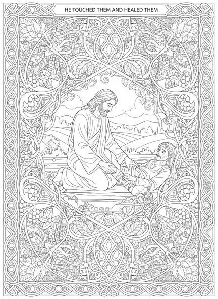 Jesus berührt die Füße, Ausmalbild von Jesu Füßen im Stil des Bibeljournaling für Erwachsene.