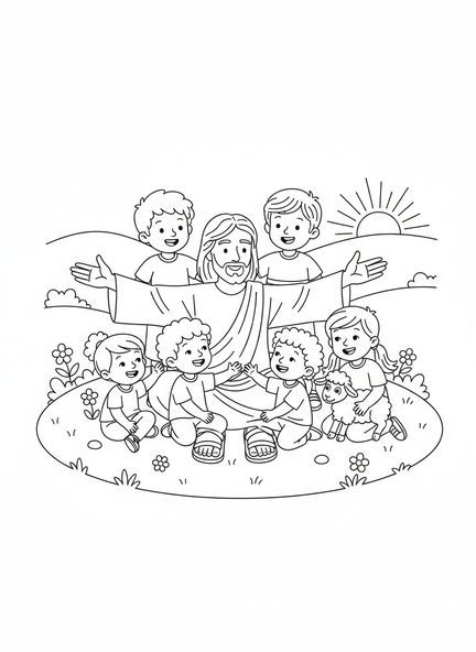 Jesus mit Kindern, Ausmalbild von Jesu Füßen für Kinder im Alter von 5-10 Jahren.