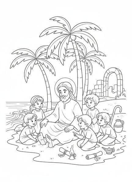 Kinder versammeln sich um die Füße Jesu, Malvorlage für die Sonntagsschule für Kinder im Alter von 5-12 Jahren