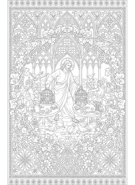 Jésus renverse les tables des changeurs d'argent, page à colorier Jésus renverse les tables pour le style de journal biblique pour adultes.