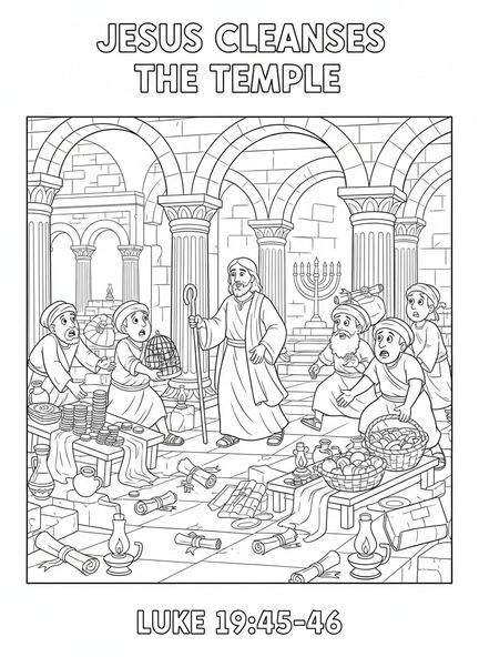 Jesus betritt den Tempel, Jesus wirft die Tische um Malvorlage für die Sonntagsschule für Kinder im Alter von 5-12 Jahren.