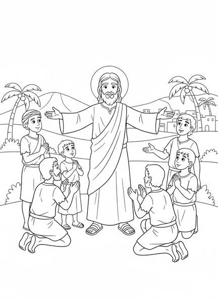 Jesus mit Aussätzigen, Jesus heilt 10 Aussätzige Malvorlage für Kinder im Alter von 5-10 Jahren.