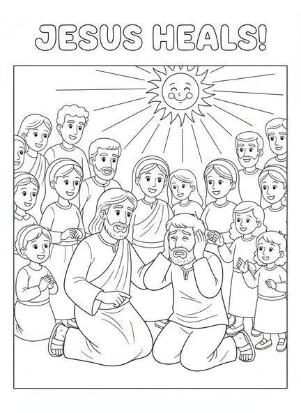 Jésus à genoux, Jésus guérit un sourd page à colorier pour les enfants de 5 à 10 ans
