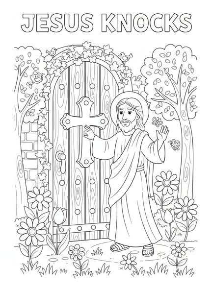 Jesús tocando suavemente, página para colorear de Jesús tocando la puerta para niños de 5 a 10 años.