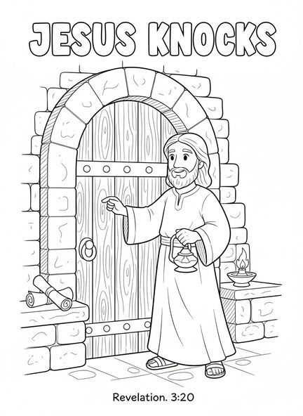Jesús llamando a la puerta, página para colorear de Jesús llamando a la puerta para niños de la Escuela Dominical de 5 a 12 años.