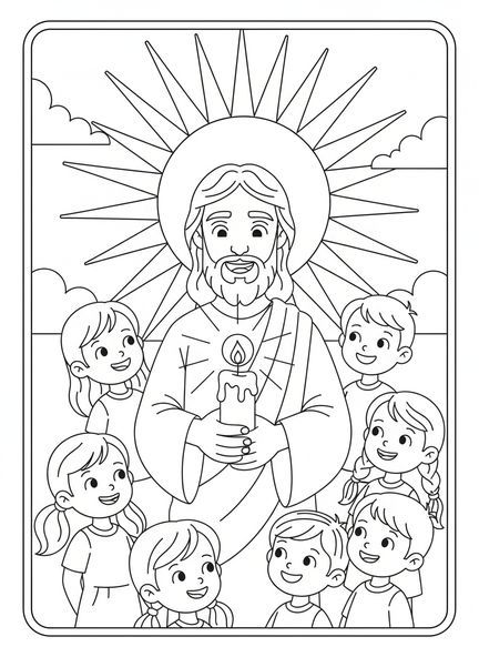 Jesus segurando uma vela brilhante, página de colorir Jesus Luz do Mundo para crianças de 5 a 10 anos.