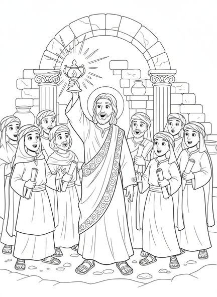Jesus segurando uma lâmpada a óleo, página de colorir Jesus Luz do Mundo para crianças da Escola Dominical de 5 a 12 anos.