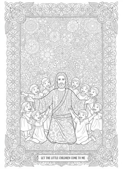 Jesus umgeben von Kindern, Jesus liebt Kinder, Ausmalbild von Jesus, der Kindern den Segen erteilt, im Stil des Bibel-Journaling für Erwachsene.