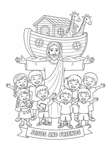 Jesus umgeben von fröhlichen Kindern, Jesus liebt Kinder, Ausmalbild mit Jesus segnet Kinder für Kinder im Alter von 5-10 Jahren.