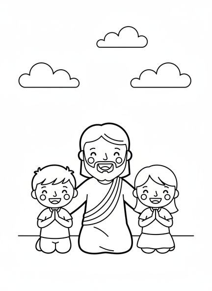 Lächelnder Jesus, Jesus liebt Kinder, Jesus segnet Kinder Malvorlage für Vorschulkinder im Alter von 3-5 Jahren