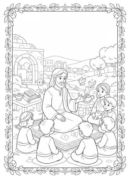 Jesus lehrt Kinder, Jesus liebt Kinder, Jesus segnet Kinder Ausmalbild für die Sonntagsschule für Kinder im Alter von 5-12 Jahren.
