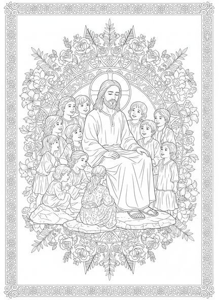 Jesus mit Kindern, Jesus liebt die Kinder, Ausmalbild von Jesus mit Kindern auf dem Schoß im Stil des Bibel-Journalings für Erwachsene