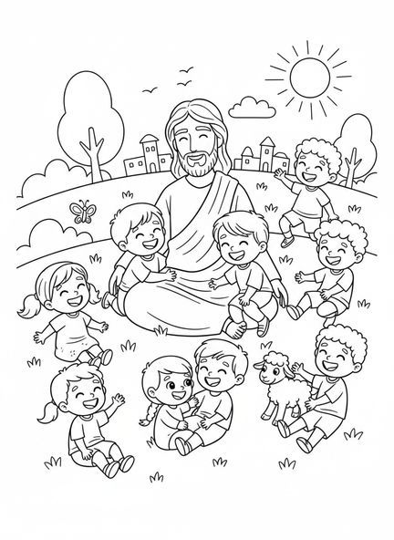Jesus lächelt mit Kindern, Jesus liebt Kinder, Ausmalbild von Jesus mit Kindern auf dem Schoß für Kinder im Alter von 5-10 Jahren