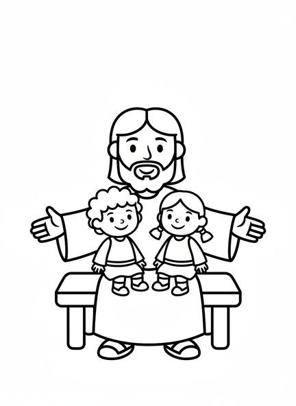 Lächelnder Jesus, Jesus liebt Kinder, Jesus mit Kindern auf dem Schoß Ausmalbild für Vorschulkinder im Alter von 3-5 Jahren.