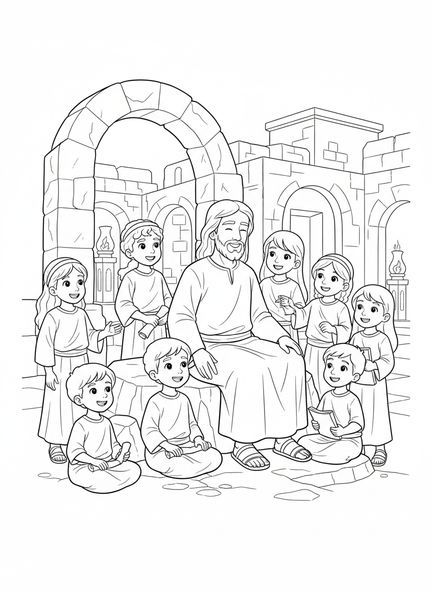 Jesus lächelt, Jesus liebt Kinder, Jesus mit Kindern auf dem Schoß Malvorlage für die Sonntagsschule für Kinder im Alter von 5-12 Jahren.