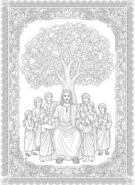 Jesus mit Kindern, Jesus liebt Kinder Ausmalbild für Erwachsene im Stil des Bibel-Journalings.