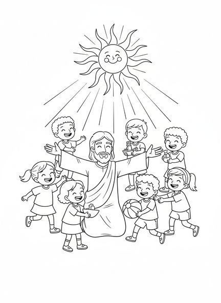 Jesus mit offenen Armen, Jesus liebt Kinder Ausmalbild für Kinder im Alter von 5-10 Jahren.