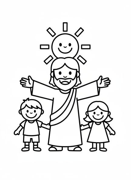 Lächelnder Jesus mit Kindern, Jesus liebt die Kinder Malvorlage für Vorschulkinder im Alter von 3-5 Jahren
