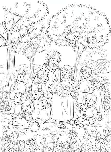 Jesus mit Kindern, Jesus liebt die Kinder Malvorlage für Sonntagsschulkinder im Alter von 5-12 Jahren