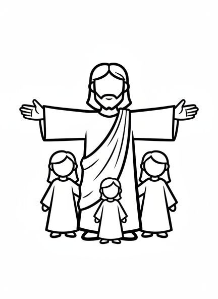 Jesus mit Kindern, Ausmalbild Jesus liebt die Kinder für Kleinkinder im Alter von 2-3 Jahren