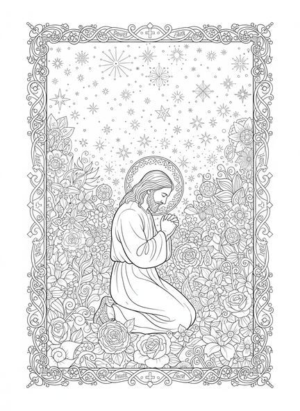 Jesús orando en el jardín, página para colorear de Jesús orando estilo journaling bíblico para adultos