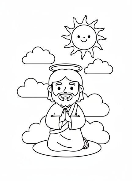 Jésus souriant, page à colorier Jésus en prière pour les enfants d'âge préscolaire de 3 à 5 ans