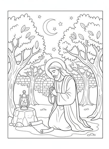 Jesus kniet im Gebet, Ausmalbild von Jesus betend für die Sonntagsschule für Kinder im Alter von 5-12 Jahren.
