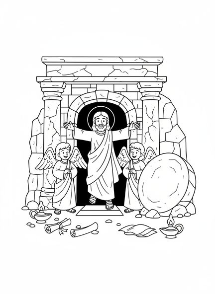 Jesús saliendo de la tumba, página para colorear sobre la Resurrección de Jesús para niños de 5 a 12 años en la Escuela Dominical.