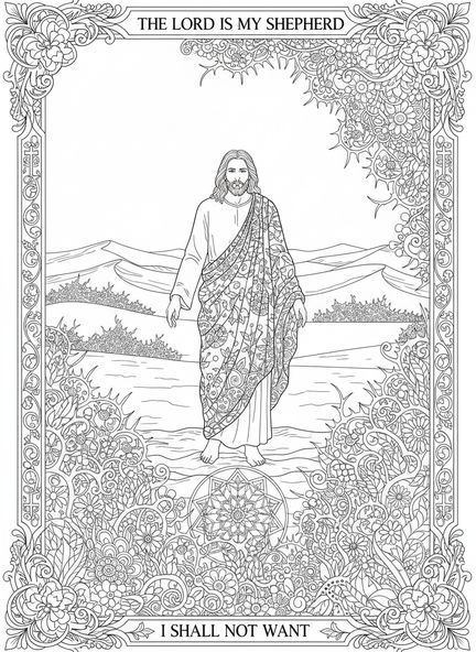 Jésus dans le désert, page à colorier sur la Tentation de Jésus pour le journal biblique des adultes.