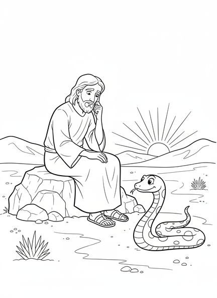 Jesus sitzt auf einem Felsen, Ausmalbild zur Versuchung Jesu für Kinder im Alter von 5-10 Jahren.