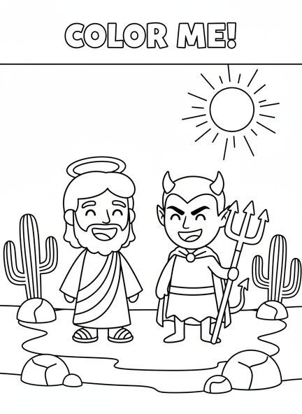 Satanás travesso, página para colorir da Tentação de Jesus para crianças de 3 a 5 anos